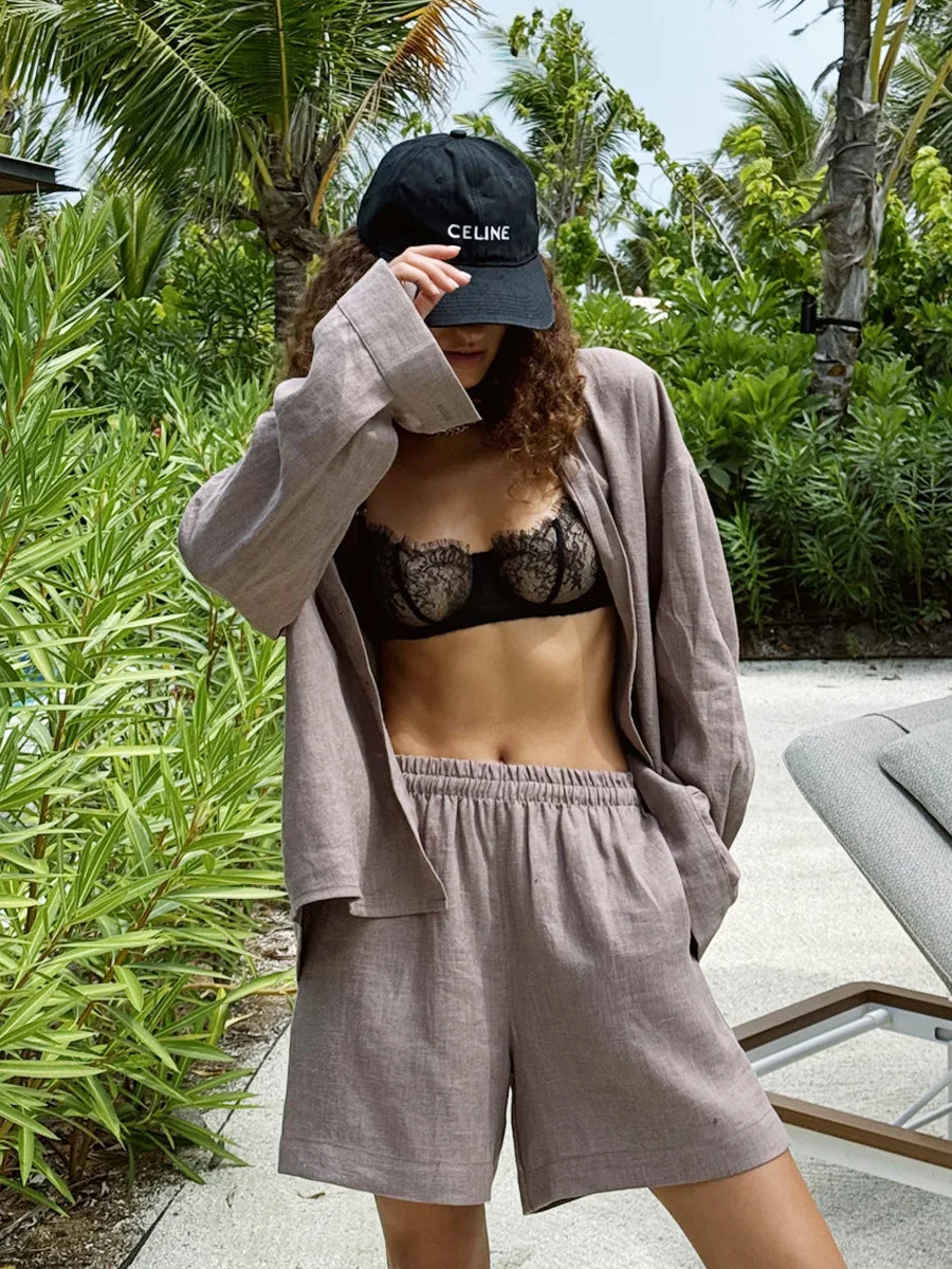 Cotton Lapel Shirt Pants Set