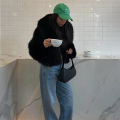 Black Faux Fur Plush Coat for Women