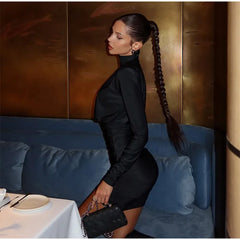 Black Shoulder Pad Pleated Mini Dress