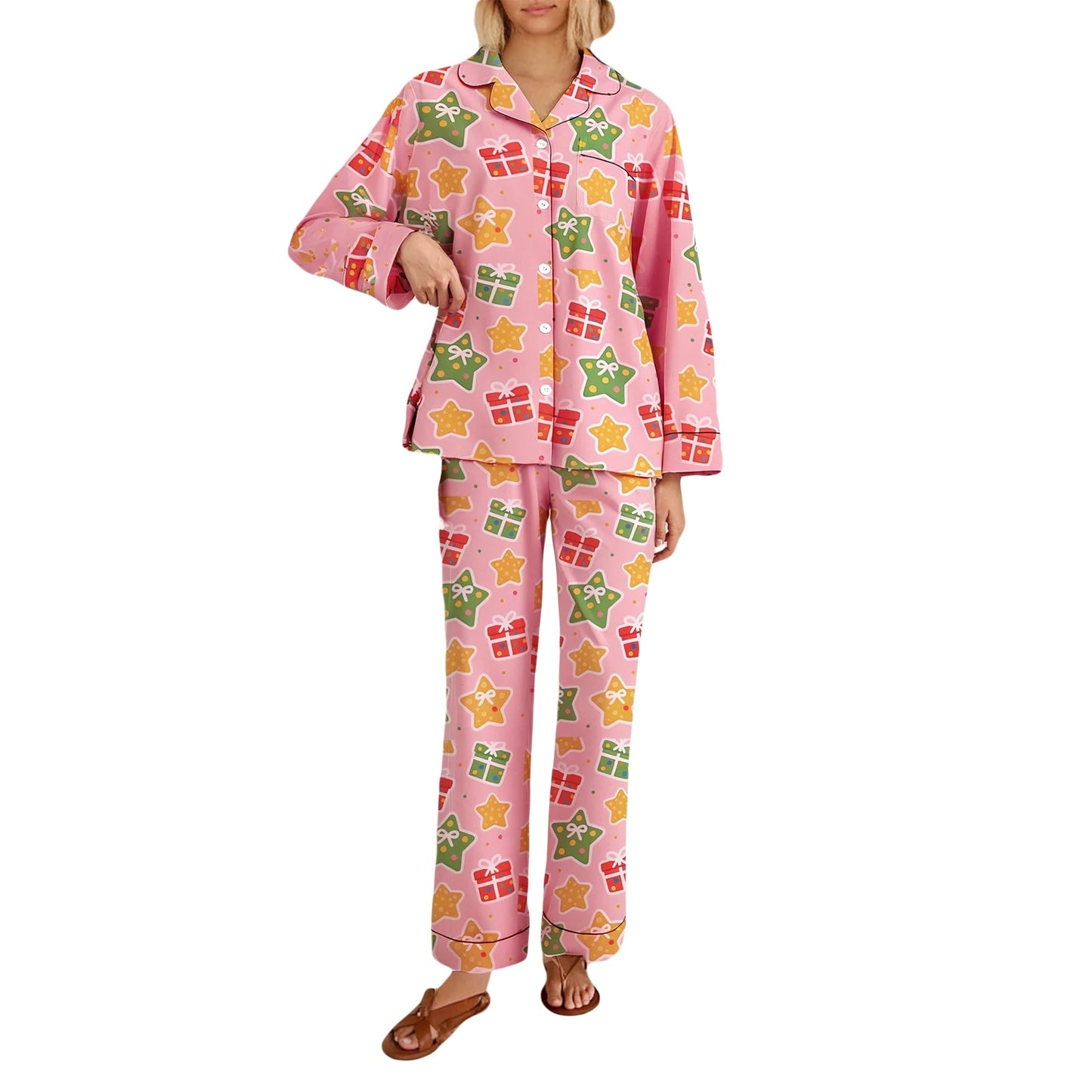 Cartoon Print Christmas Pajama Set