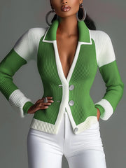 Color Block Lapel Knit Cardigan