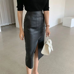 High Waist PU Leather Split Skirt