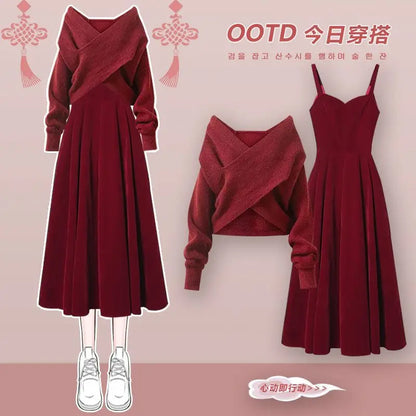 Red Knitted Two-Piece Dress Set
