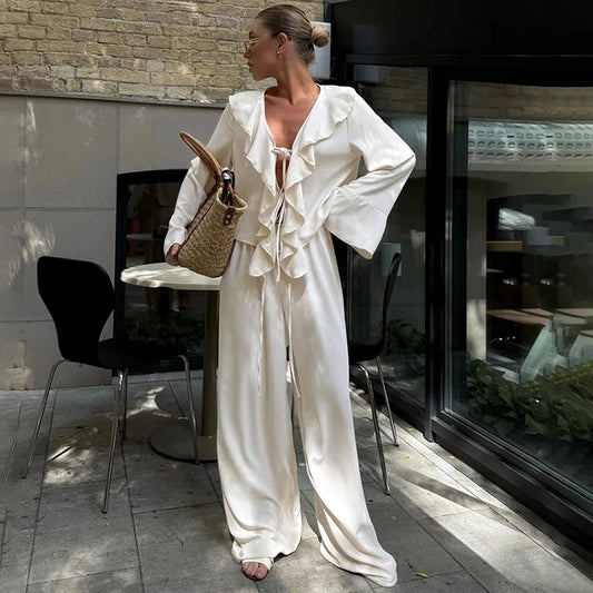 Ruffle V Neck Pants Set