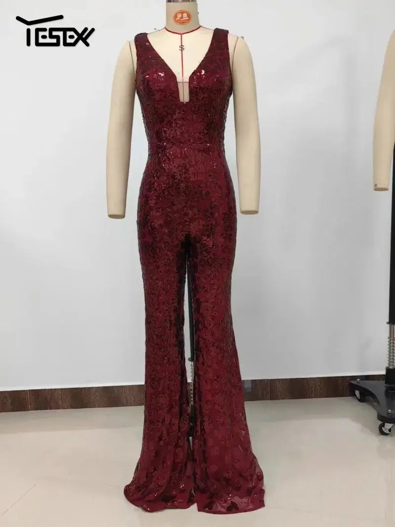 V-Neck Sequin Backless Jumpsuit