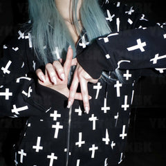 Cross Print Harajuku Zipper Hoodie