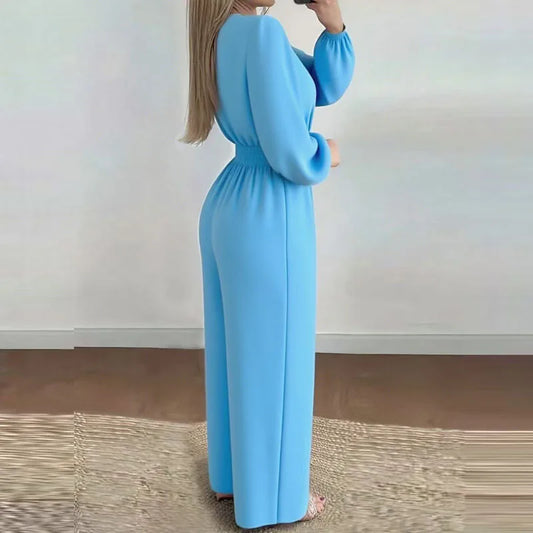 V Neck Belted Wide Leg Jumpsuit