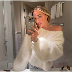 Off-Shoulder Solid Mohair Sweater