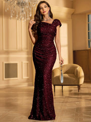 One Shoulder Sequin Draped Maxi Dress