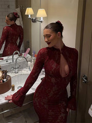 Lace Floral Hollow Out Midi Dress