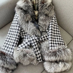 Faux Fur Houndstooth Coat