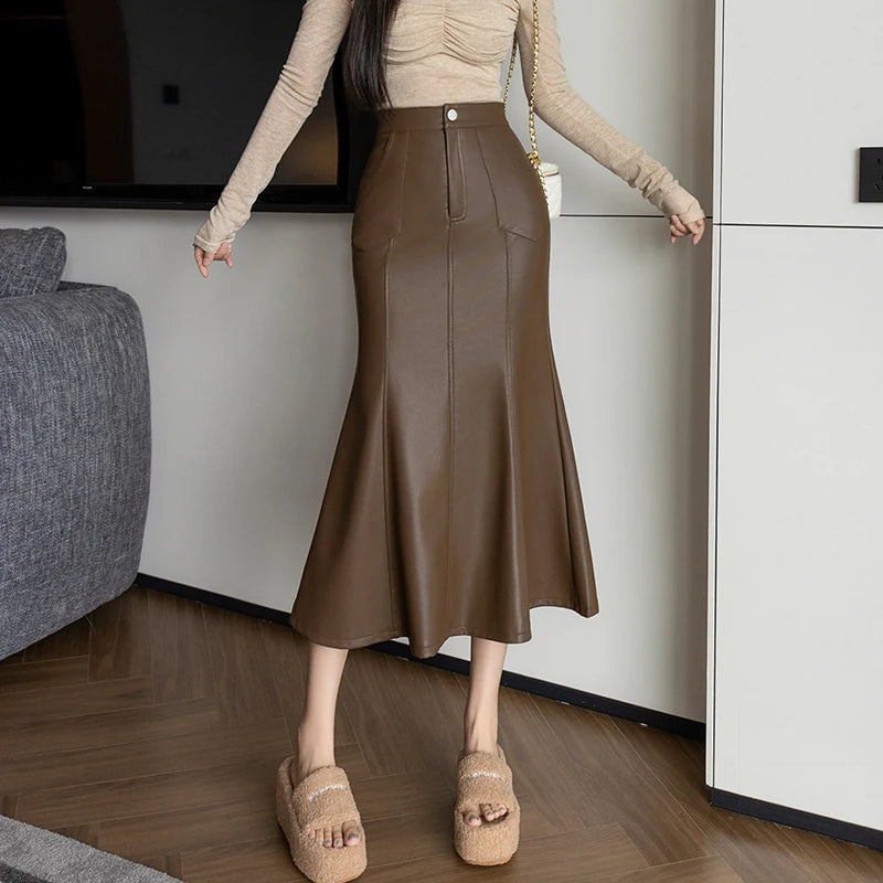 Vintage High Waist PU Leather Fishtail Skirt