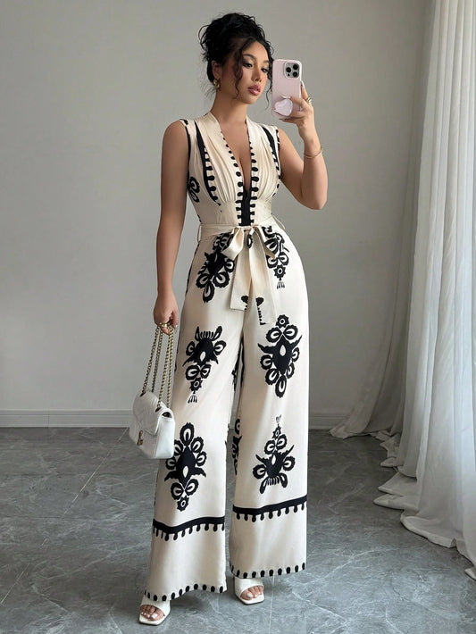 Lace Up Printed V Neck Jumpsuit