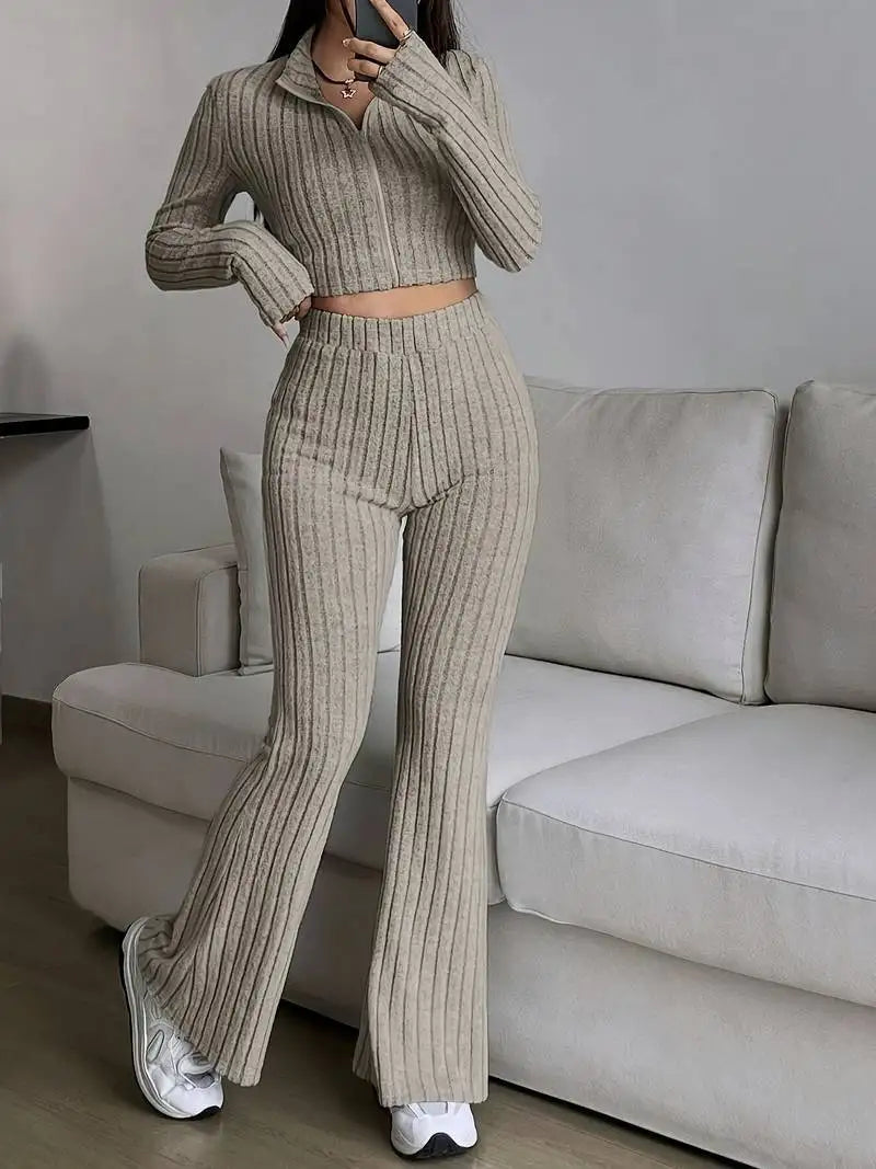 Zip Rib Knit Top and Pants Set