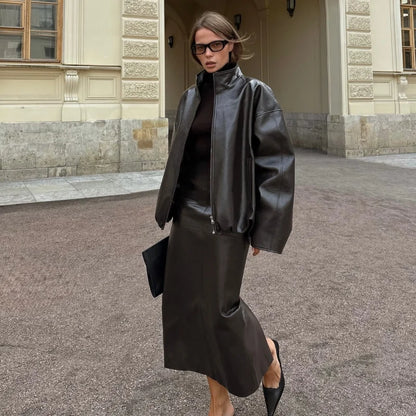 Green Faux Leather Jacket Pants Set