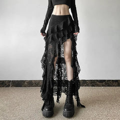 High Waist Lace Ruffle Skirt