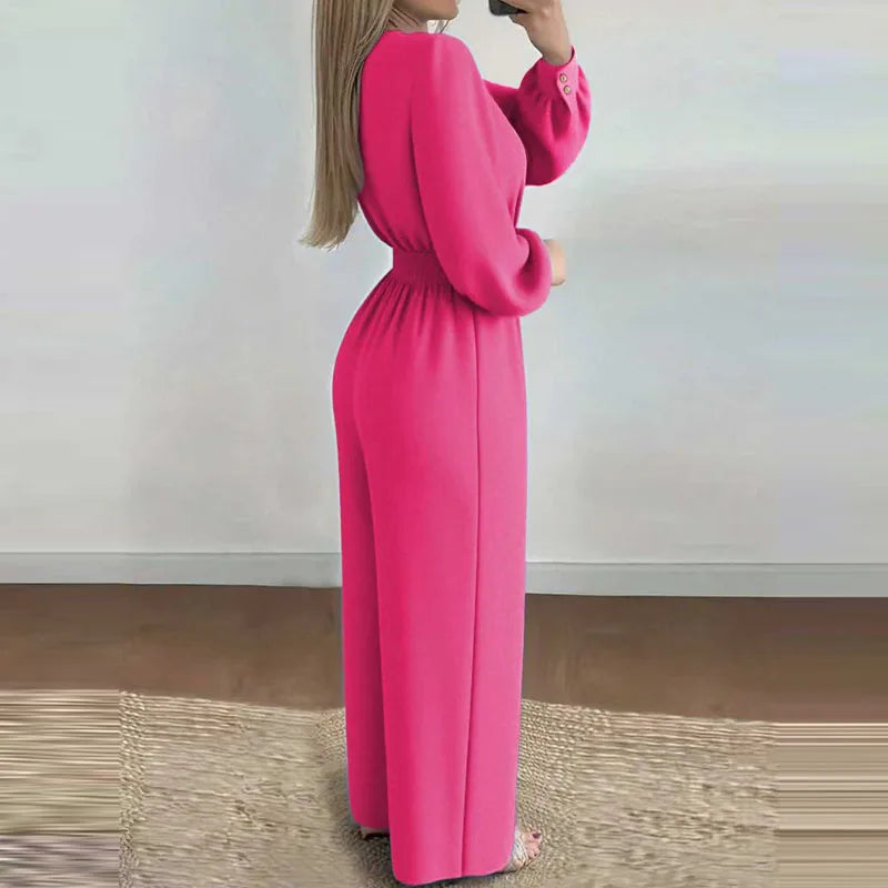 V Neck Belted Wide Leg Jumpsuit