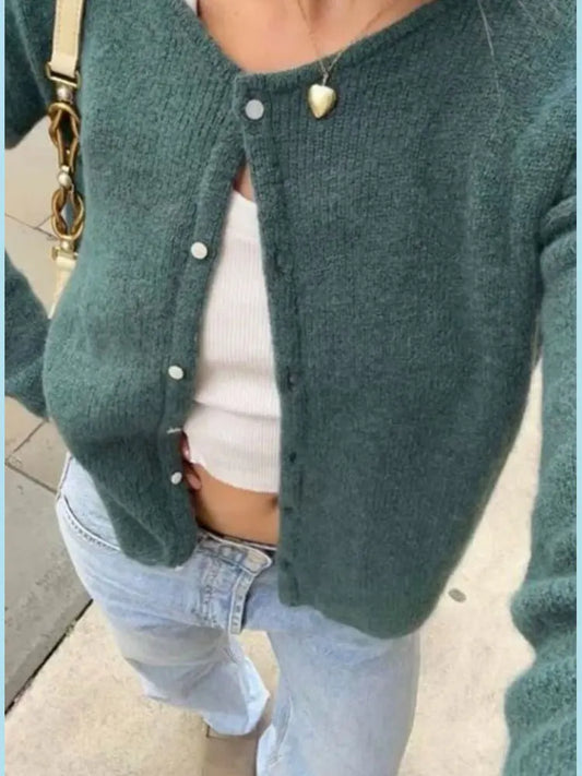 Round Neck Solid Knit Cardigan