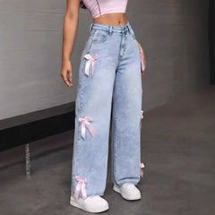 High Waist Bow Washed Distressed Wide Leg Denim Jeans