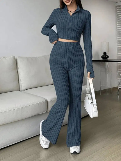 Zip Rib Knit Top and Pants Set