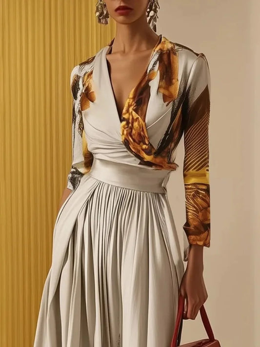 Printed Deep V Neck Wide Leg Jumpsuit