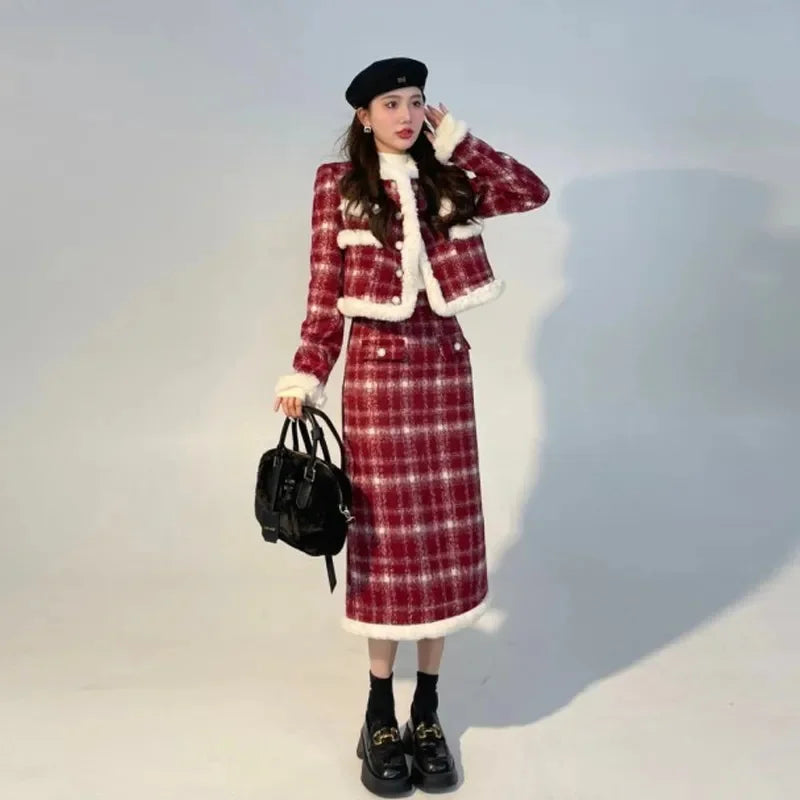 Red Checkered Coat & Skirt Suit