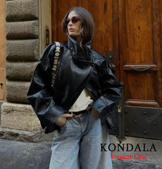 Faux Leather Stand Collar Jacket