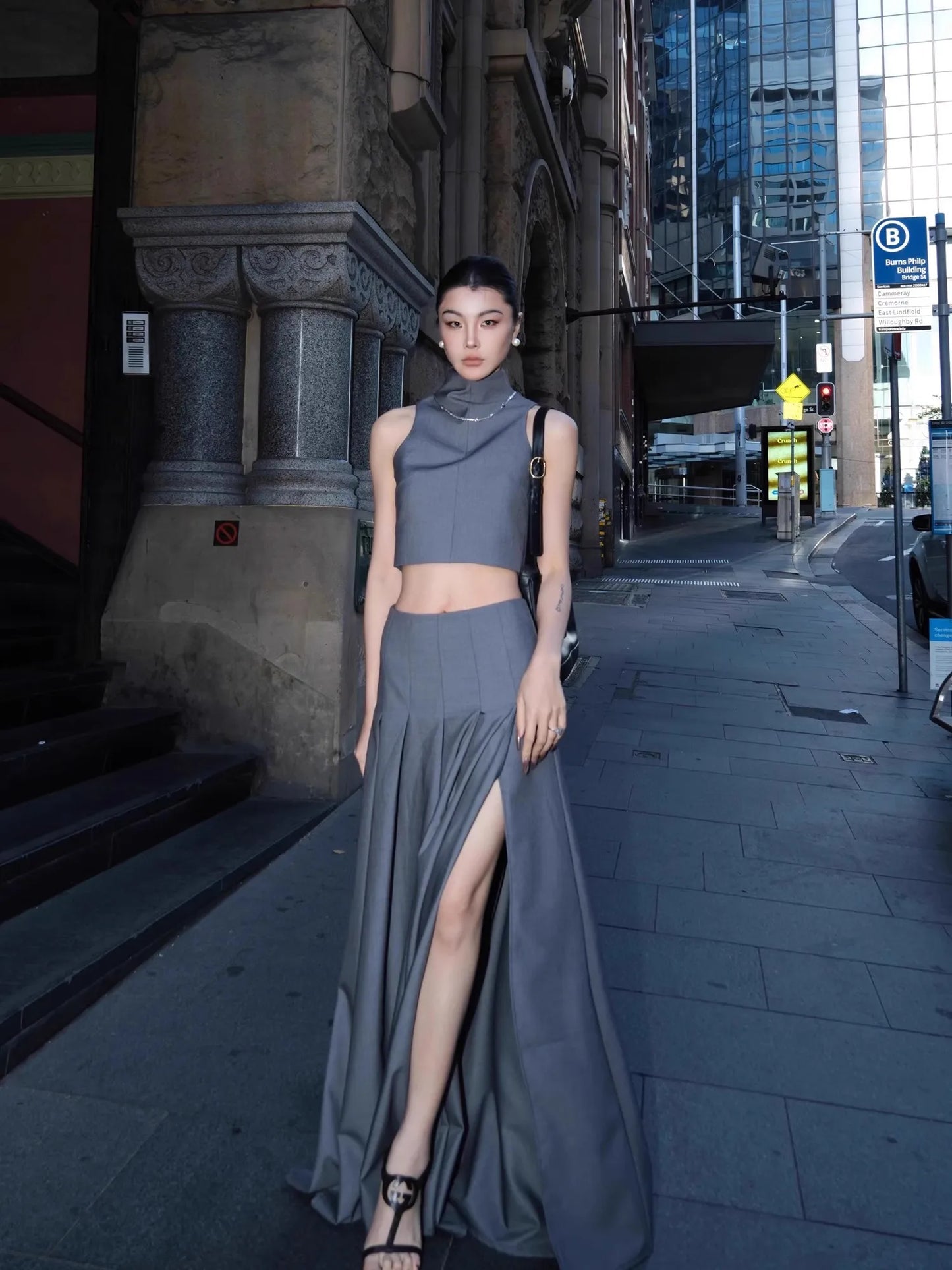 Grey Pleated Floor Length Skirt