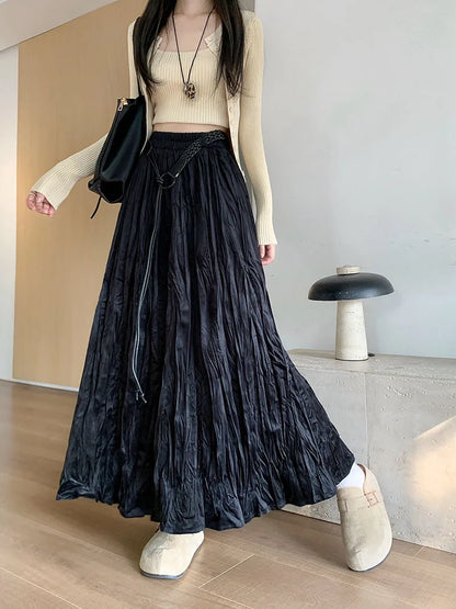 Elastic High Waist Pleated Maxi Skirt