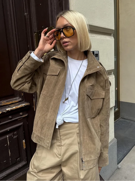 Suede Stand Collar Bomber Jacket