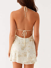 Beaded Flower Backless Mini Dress