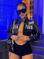 Letter PU Patchwork Crop Jacket
