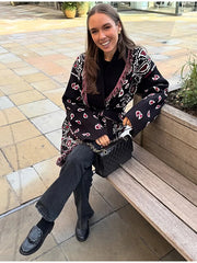 Printed V-Neck Tassel Knit Cardigan