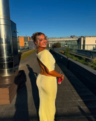 Hollow Out Butter Yellow Long Dress