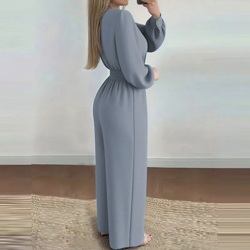 V Neck Belted Wide Leg Jumpsuit