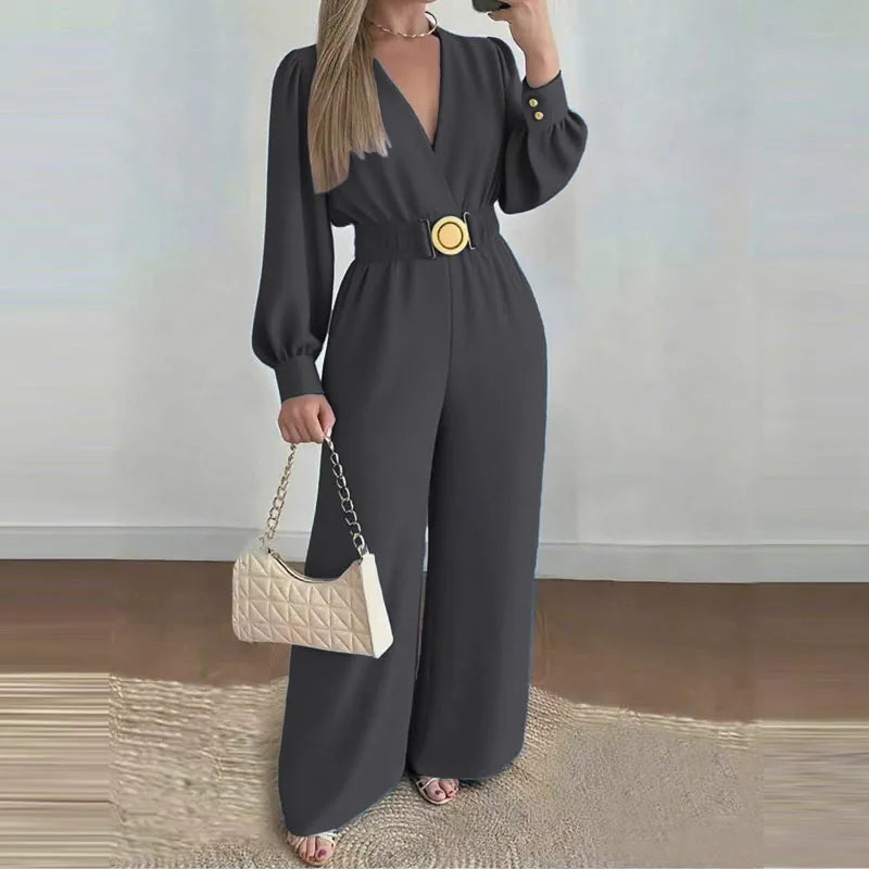 V Neck Belted Wide Leg Jumpsuit