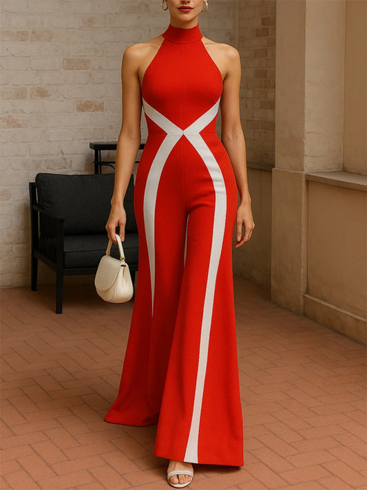 Red High Neck Off Shoulder Jumpsuit