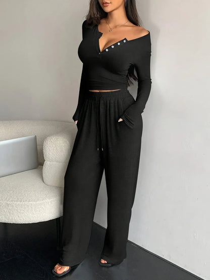 V Neck Top Wide Leg Pants Set