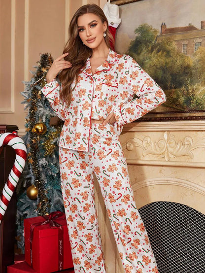 Cartoon Print Christmas Pajama Set