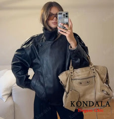 Faux Leather Stand Collar Jacket