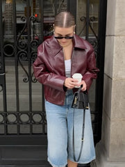 Solid Lapel Leather Short Coat