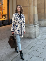 V-Neck Print Knit Cardigan With Belt