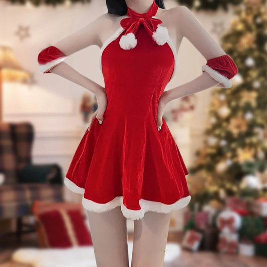 Fur Trim Halter Mini Dress