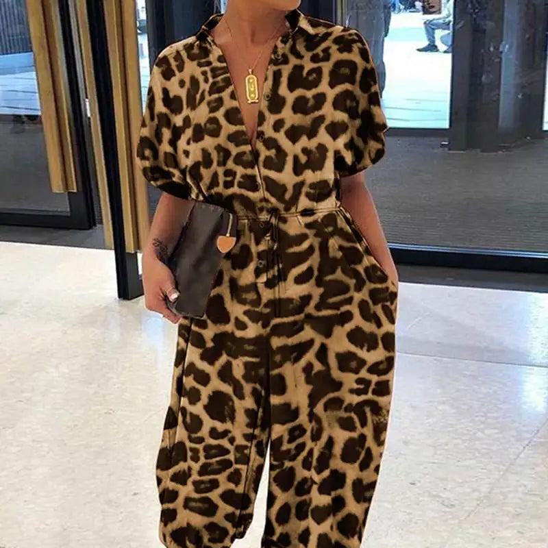Leopard V-Neck Tie Waist Jumpsuit