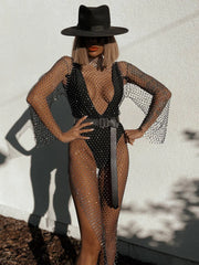 Rhinestone Fishnet O-Neck Dress