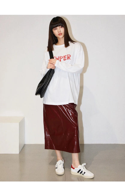 Shiny Reflective PU Leather Midi Skirt