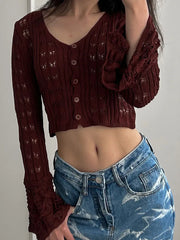 Hollow Knit V-Neck Crop Cardigan