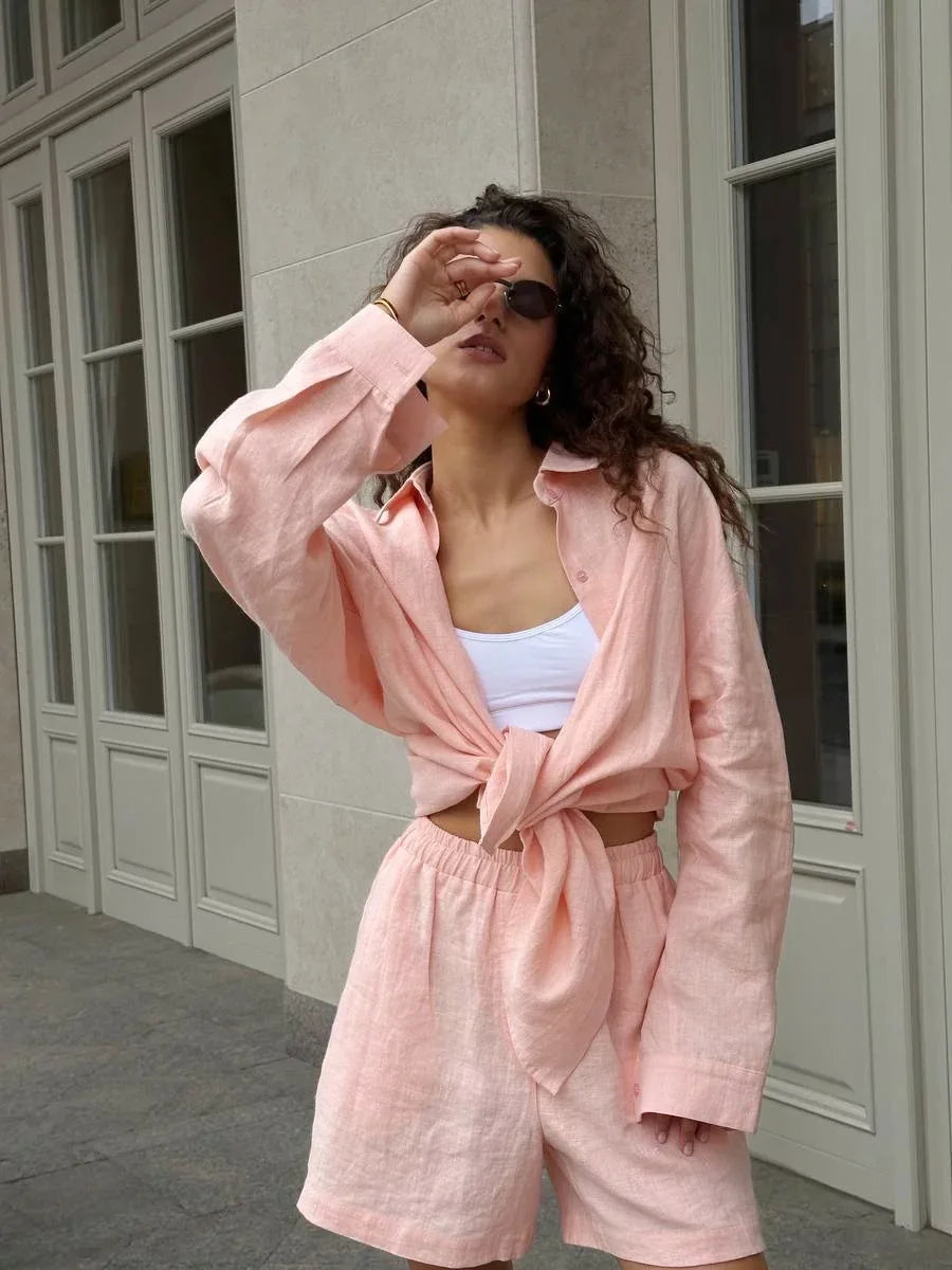 Cotton Lapel Shirt Pants Set