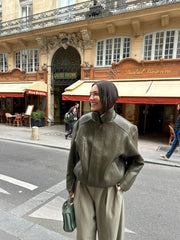 Army Green Leather Pleated Jacket