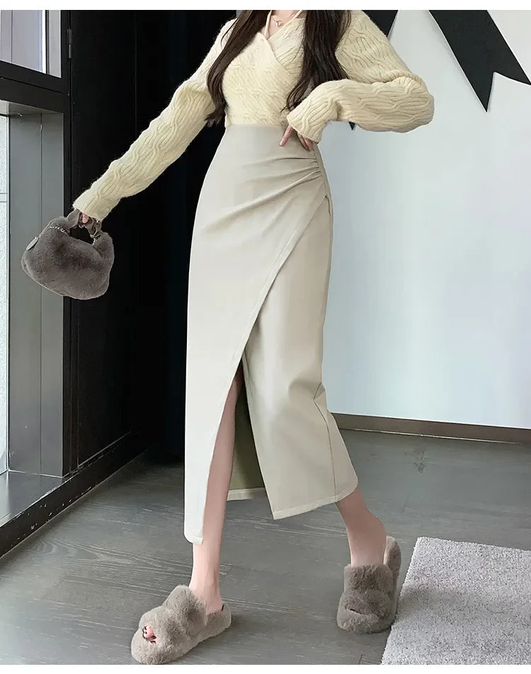 High Waist Front Split PU Leather Skirt
